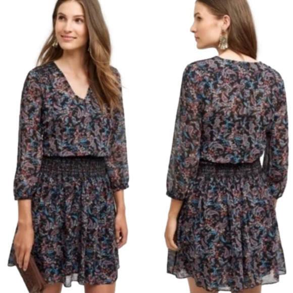 Anthropologie Vanessa Virginia Daytripper Paisley Floral Smocked Dropwaist Dress - Picture 1 of 15